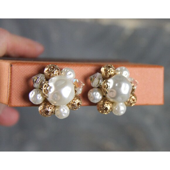 Early Miriam Haskell Baroque Pearl and Filagree Clip On Earrings vintage